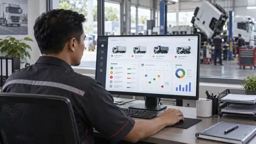 Kepala bengkel dan maintenance meninjau dashboard perawatan armada ilustratif