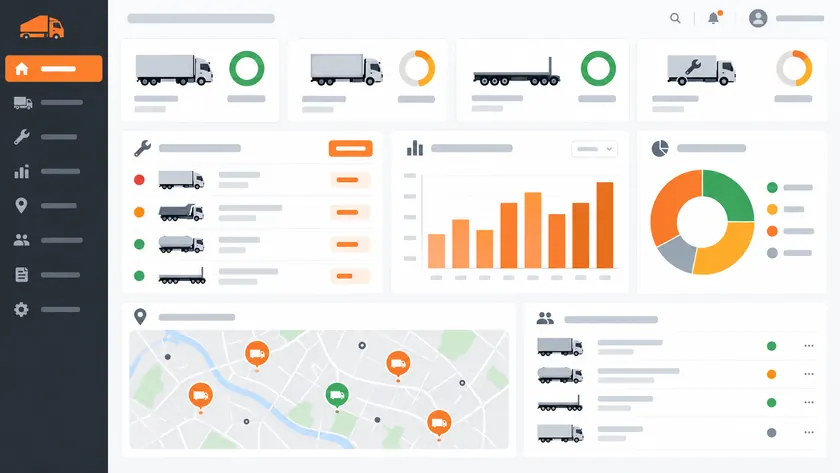 Dashboard armada FMS ilustratif untuk memantau kesiapan kendaraan, perawatan, dan biaya