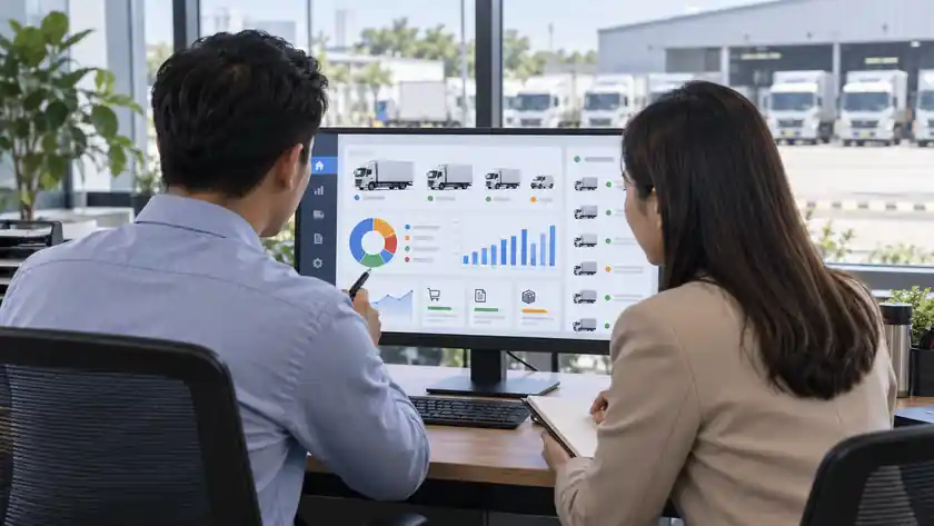 Tim Finance & Procurement meninjau dashboard biaya armada ilustratif