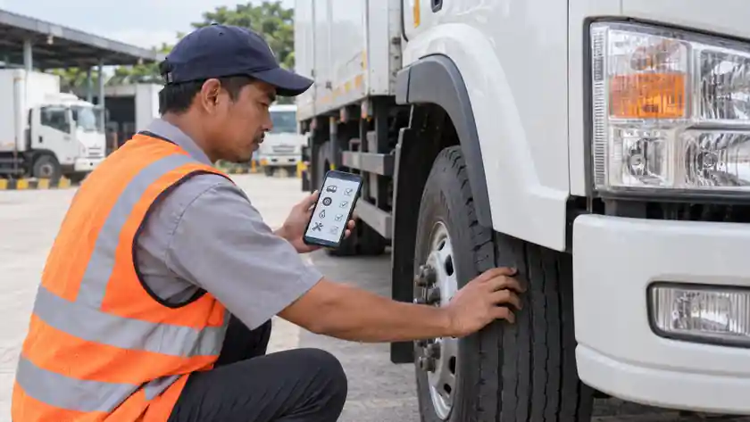 Pengemudi melakukan inspeksi kendaraan dan P2H melalui aplikasi mobile