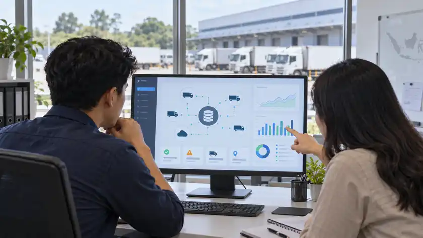 Tim IT & Integrasi meninjau dashboard integrasi data armada ilustratif
