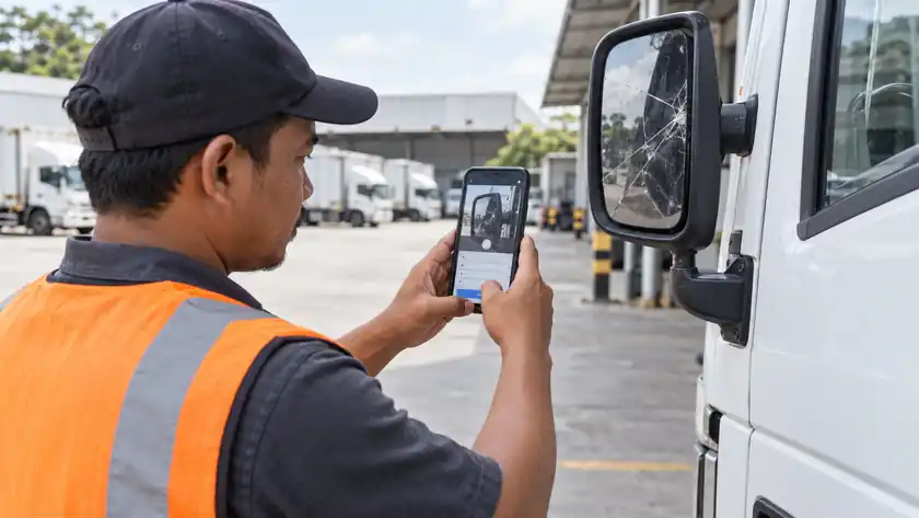 Pengemudi membuat laporan kerusakan kendaraan melalui aplikasi mobile